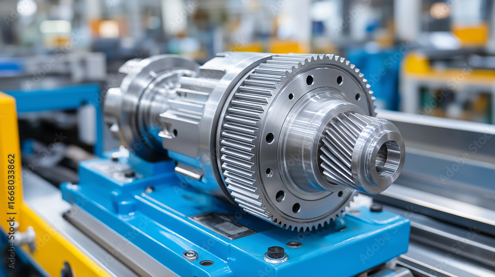 Poster an automotive transmission assembly line features precision gear machining and automated testing sys