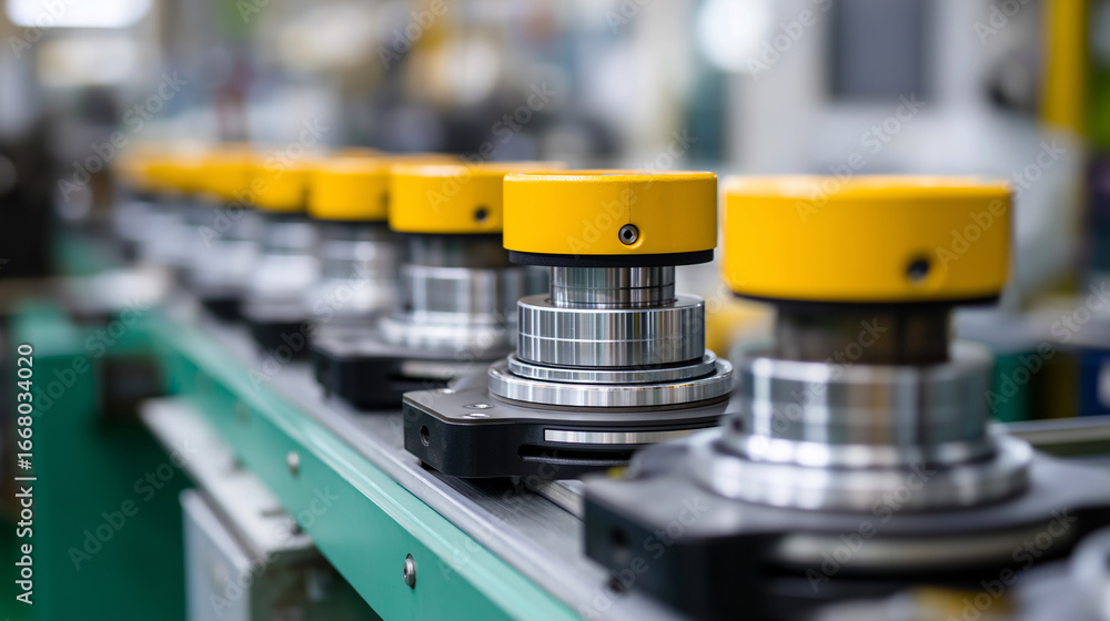 Poster an automotive brake system assembly line shows the precision component matching of calipers and roto