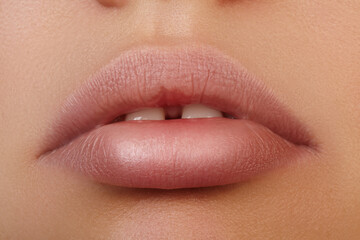 Obraz premium Close-up of full female lips with natural pink makeup. Teeth with charming gap. Skincare and cosmetic. Dental care, orthodontics, healthcare, cosmetic dentistry and wellness industry promotions