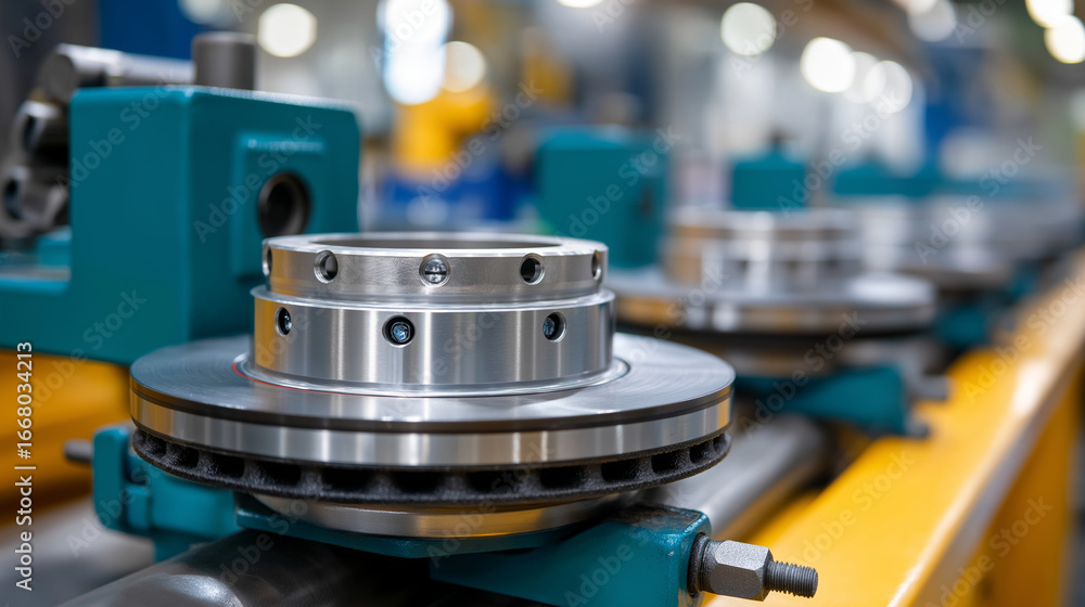 Poster an automotive brake system assembly line shows the precision component matching of calipers and roto