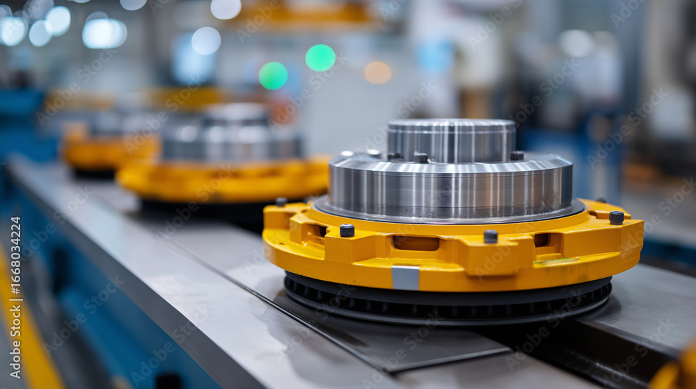 Poster an automotive brake system assembly line shows the precision component matching of calipers and roto
