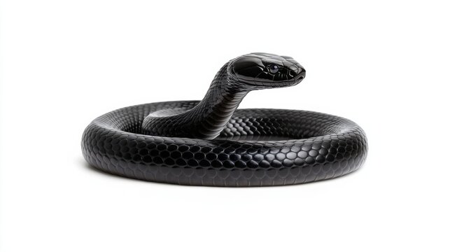 Coiled black mamba snake with glossy scales in striking pose on white background