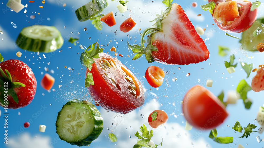 Poster fresh vegetables and fruits splash in mid air, creating vibrant and dynamic scene filled with color 