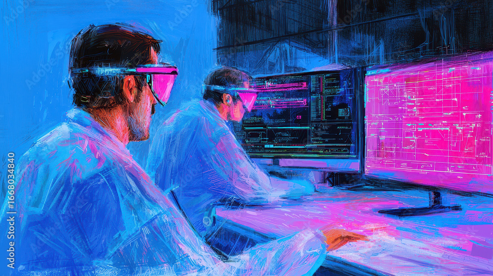 Poster scientists working in futuristic lab, wearing advanced goggles, analyzing data on glowing screens, i