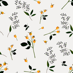 October berries. Seamless berry pattern of yellow rose hips and twigs with black berries on a light background, digital drawing.