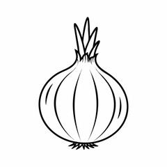 Stylized Black and White Onion Illustration with Distinct Root and Stem Details