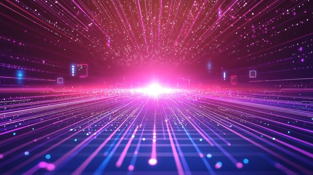 Vector illustration of digital horizontal empty space with digital glowing element grid line and circuit for advertising and game artwork background.