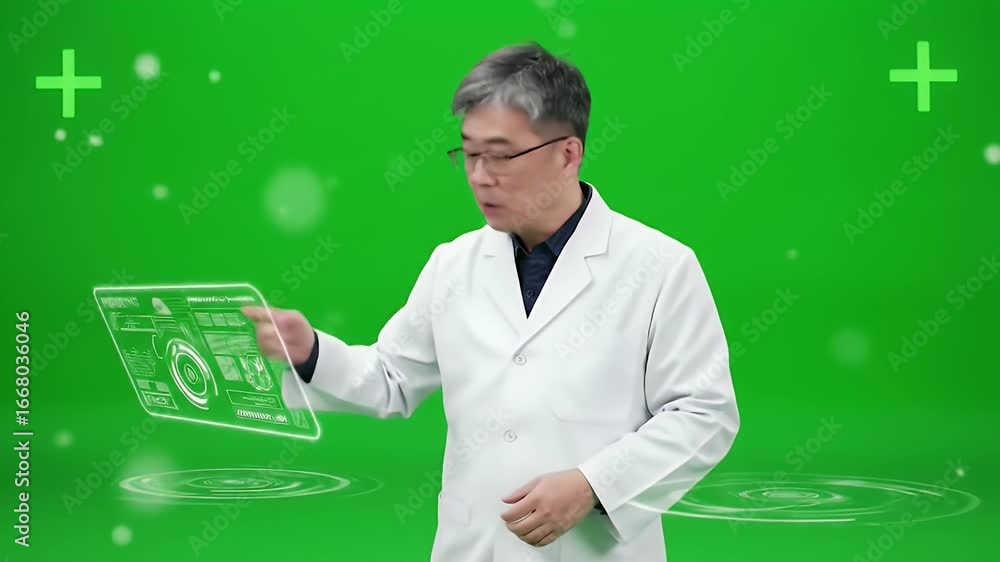 Poster scientist in lab coat interacts with futuristic holographic display on green screen for medical or r
