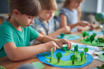 Young children engage in a creative art activity focused on environmental themes, crafting colorful paper models of Earth with trees and water under guidance in a classroom setting