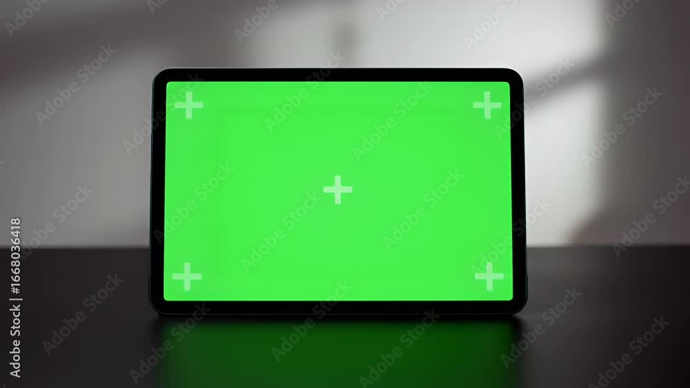 Poster tablet with green screen display & tracking markers. digital mockup for chroma key content on dark s