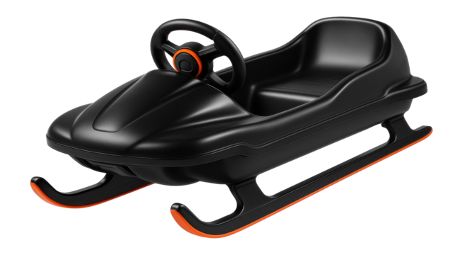 Heavy-duty plastic bobsled with twin runners and steering wheel for snowy tracks
