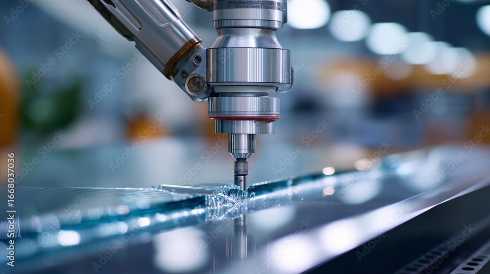 Poster automated glass cutting and edging systems are shown producing custom-sized panels. a robotic arm wi