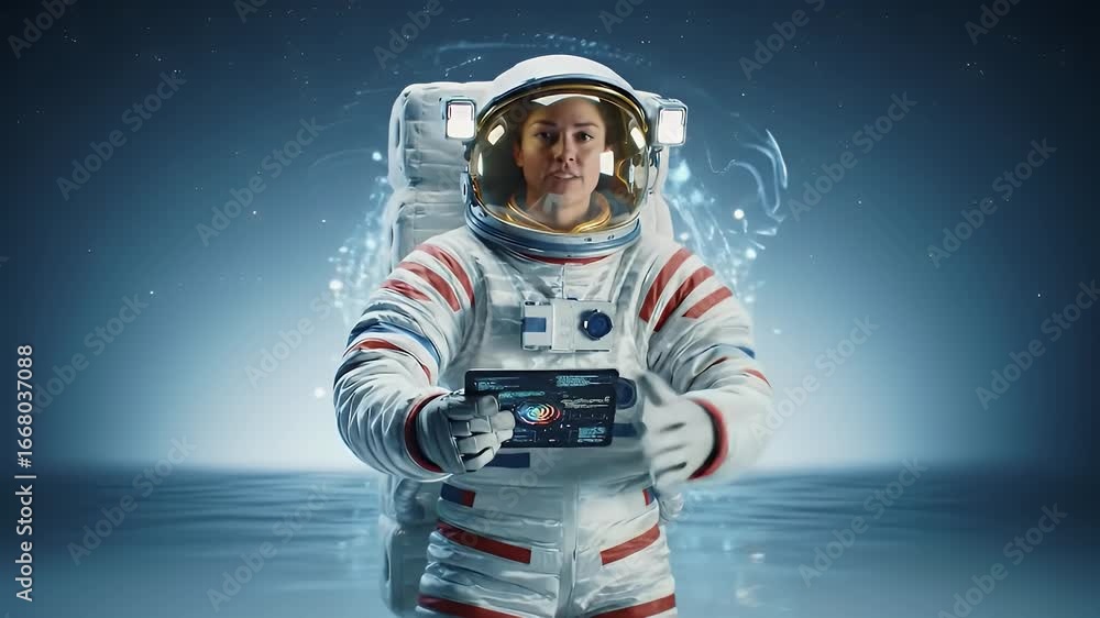 Poster astronaut in space suit holding futuristic digital tablet with glowing data interface. space explora