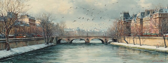 Paris, panorama of the Seine in winter, the Pont Marie with gulls flying