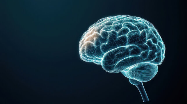 Digital illustration of brain with glowing lines and connections, representing neural networks and cognitive functions