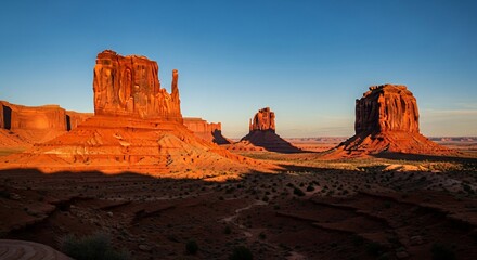 Monument Valley's Majestic Buttes Bathed in Golden Sunset Light, Arizona Landscape