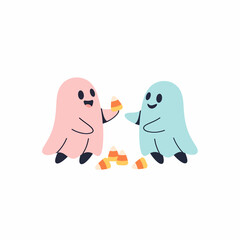 Two Cute Pink and Blue Cartoon Ghosts Sharing Halloween Candy Corn.