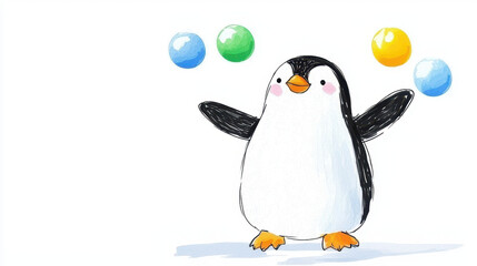 Fototapeta premium Cute cartoon penguin juggling colorful balls, showcasing playful and cheerful demeanor. This whimsical illustration captures joy of fun