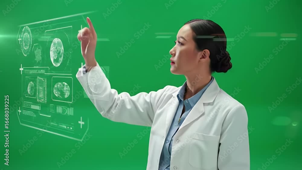 Aufkleber female scientist using virtual medical data display on green screen