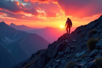 Fototapeta premium Silhouetted Climber Ascends Rugged Mountain at Sunset A Panoramic View of Determination and Natural Beauty