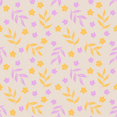 Seamless Pastel Floral Pattern with Lilac and Yellow Flowers on Beige Background