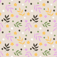 Seamless Floral Pattern with Leaves and Flowers on Beige Background