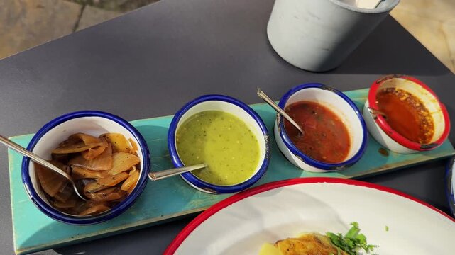 Set of mexican sauces are displayed on a table in a restaurant. Salsa macha, valentina, salsa verde and pickled onion.