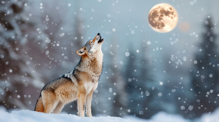 Wolf howls at full moon in snowy landscape, surrounded by falling snowflakes and serene forest backdrop
