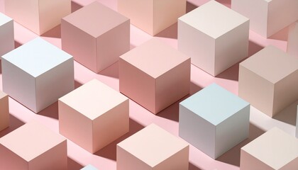 Fototapeta premium Pastel-colored cubes arranged in grid on pink surface; soft shadows, geometric symmetry, light interplay, minimalist elegance and