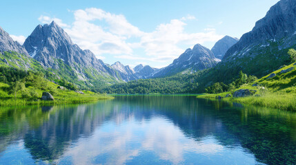 Fototapeta premium Serene landscape featuring crystal clear lake surrounded by majestic mountains and lush greenery, evoking sense of tranquility and natural beauty