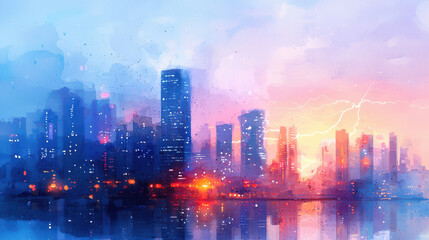 Vibrant city skyline at sunset, showcasing dynamic watercolor techniques with bright colors and dramatic lighting