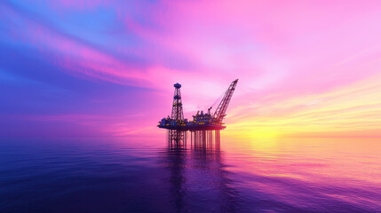 Stunning offshore oil rig silhouetted against vibrant sunset, reflecting hues of pink and purple on calm waters, creating serene atmosphere
