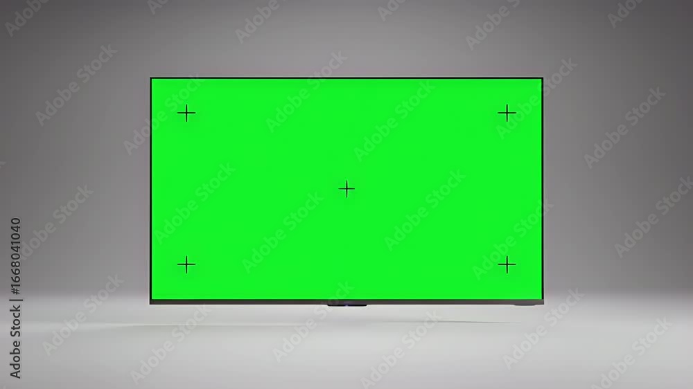 Poster green screen tv display with tracking marks on grey background for digital content mockup
