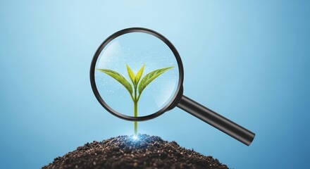 A Closer Look at New Life Magnifying Glass Reveals a Glowing Sprout Emerging from Soil.