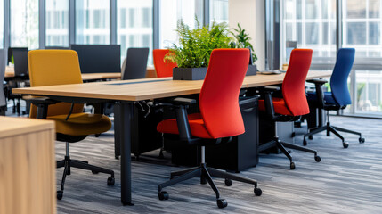 Fototapeta premium Modern office workspace features colorful ergonomic chairs and wooden desks, creating vibrant and productive environment