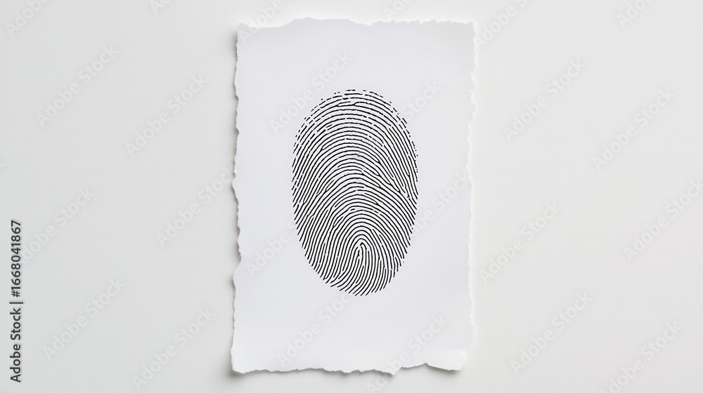 Poster minimalistic fingerprint design on torn paper, showcasing intricate lines and patterns. this artwork