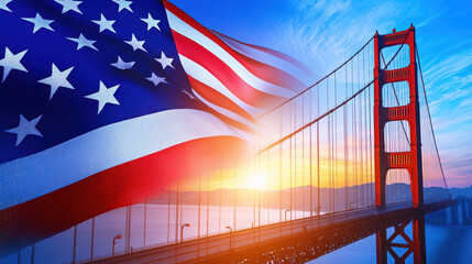 Golden Gate Bridge with American flag, sunset, patriotic scene, vibrant colors, iconic landmark, San Francisco