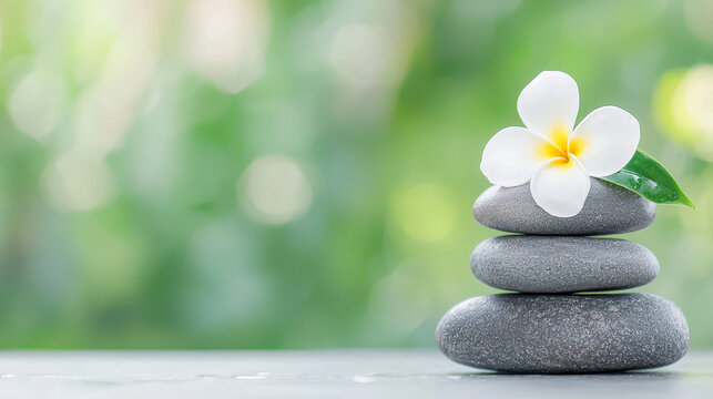 Serene spa moment with stacked stones and white flower, symbolizing tranquility and relaxation in natural setting