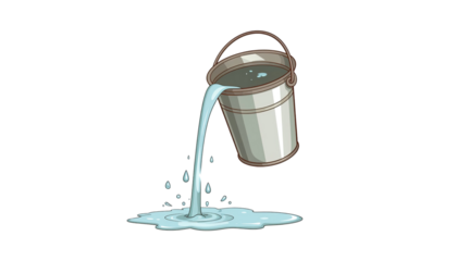 Cartoon illustration of water pouring from metal bucket with splash isolated on white background