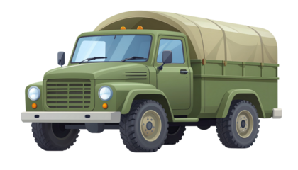 Military transport truck with rugged design and camouflaged exterior isolated on white background