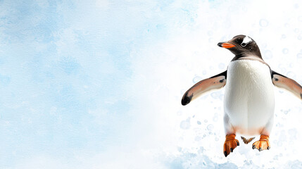 Fototapeta premium Playful penguin stands against soft blue watercolor background, showcasing its vibrant orange beak and flippers. scene evokes sense of joy