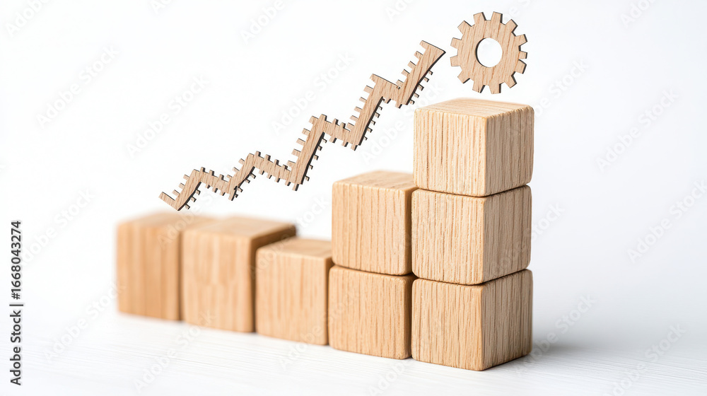 Poster wooden blocks arranged in bar graph shape symbolize growth and progress, with gear icon representing