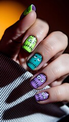 Neon Green and Purple Frankenstein Halloween Nail Art