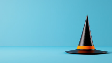 Fototapeta premium Black witch hat with orange band sits on blue background, evoking whimsical Halloween spirit