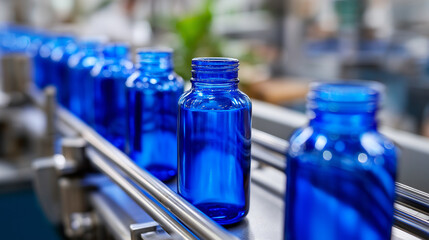A glass packaging production line features an automated quality inspection system. The vision system uses high-speed cameras to detect and reject any bottles or jars with defects