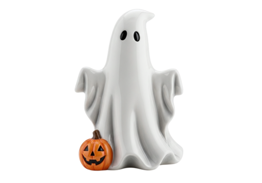 White ghost figure with small pumpkin isolated on transparent background