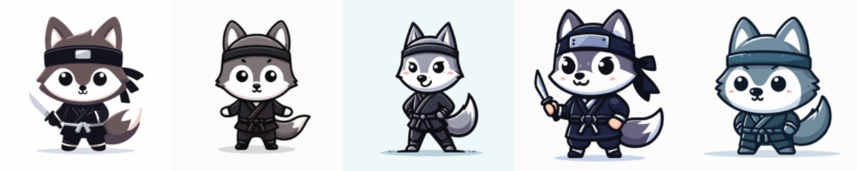 cute wolf vector in ninja costume