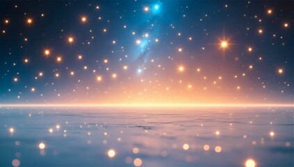 A cosmic scene displaying a galaxy with bright stars scattered across the blue-black expanse of space. 