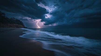 Naklejka premium Stormy beach at night. Lightning illuminates the dark clouds
