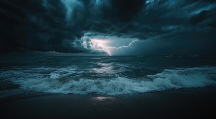 Stormy sea with dramatic lightning